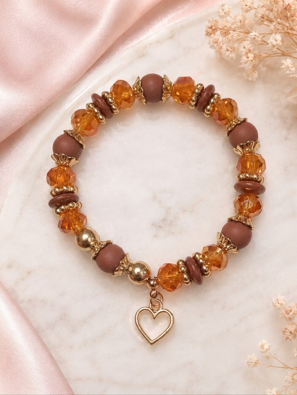 Handmade Amber Wood Crystal Gold Heart Charm Bracelet Romantic Gift